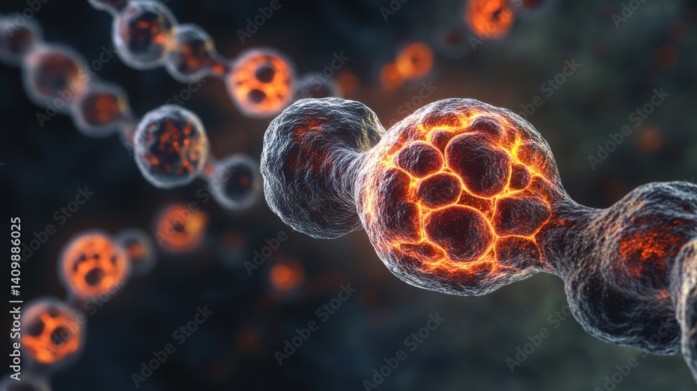 Poster a vibrant, detailed visualization of cells, showcasing interconnected structures with glowing elemen