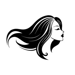 wavy hair logo , beauty salon logo, hair dresser logo , cosmetic logo, Silhouette of a beautiful woman with long black hair, featuring a glamorous hairstyle and delicate flower accents, designed in a 