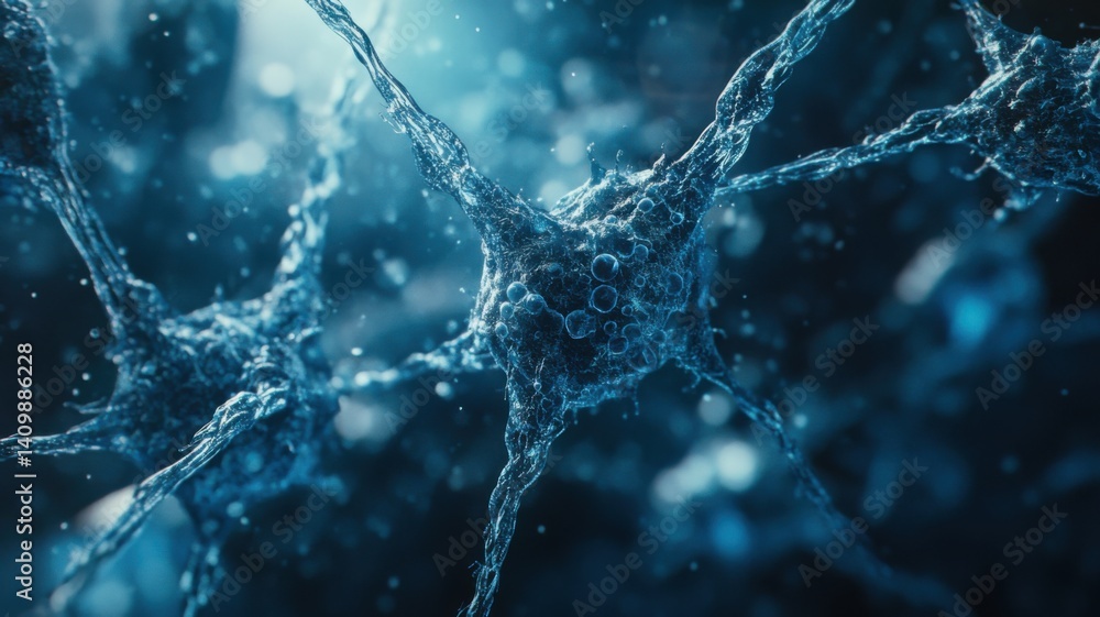 Poster a close-up view of interconnected neurons in a blue, watery environment, highlighting the intricate 