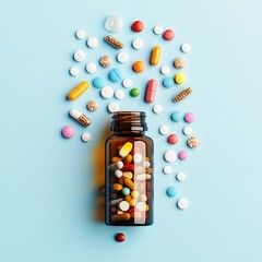 Assortment of colorful pills and tablets in a glass bottle on a light blue background, healthcare and medical concept. Medicine