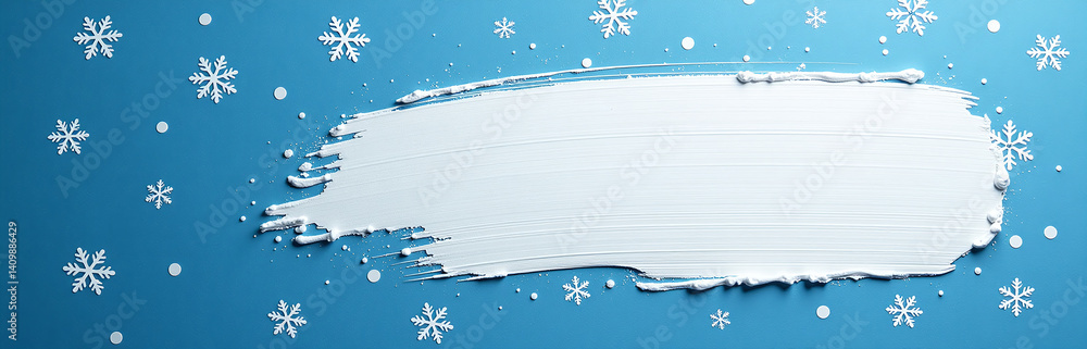 Poster white brushstrokes on a blue wall create an abstract background with snowflakes for a christmas and 