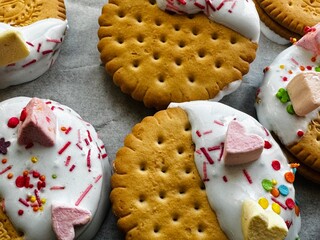 easter cookies decorated with sprinkles and marshmallows