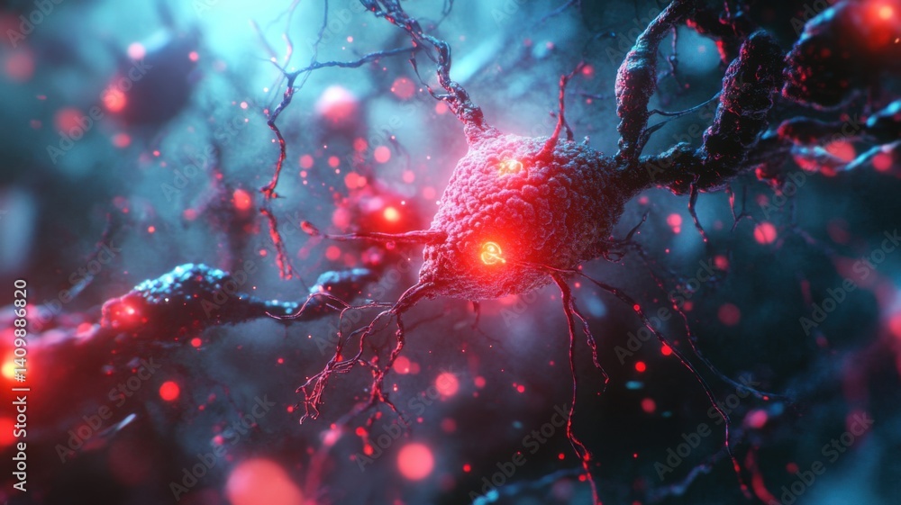 Poster a vibrant depiction of a neuron, showcasing intricate details and glowing elements, representing the
