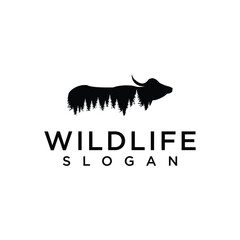 wildlife nature logo with buffalo animal with forest trees