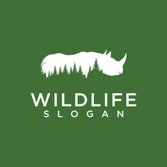 wildlife nature logo with rhinoceros animal with forest trees