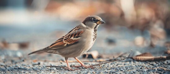 Detailed Close-Up of a Sparrow Perched on a Ground with Soft Bokeh Background