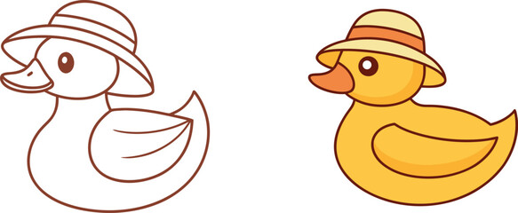 Cute Duck With Hat Vector Illustration Line Art And Full Color