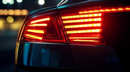 A macro shot of a luxury cara??s taillights, their sleek design emitting a smooth gradient from fiery red to bright amber under the dim city lights.