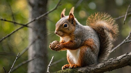 Squirrel eating a walnut on a tree branch