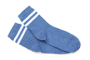 Pair of blue socks isolated on white, top view