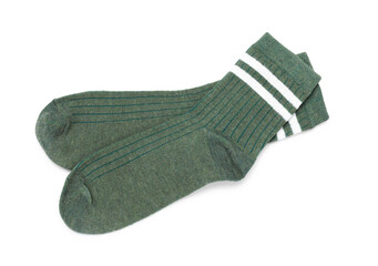 Pair of green socks isolated on white, top view