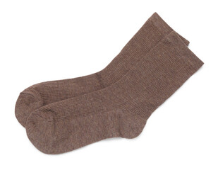 Pair of brown socks isolated on white, top view