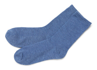 Pair of blue socks isolated on white, top view