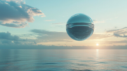 Floating glass commuter sphere above ocean, isolated composition