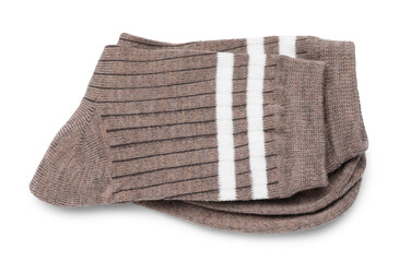 Pair of brown socks isolated on white, top view