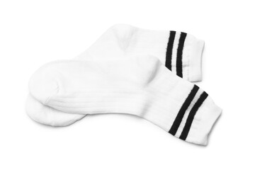 Pair of socks isolated on white, top view