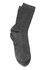 Pair of grey socks isolated on white, top view