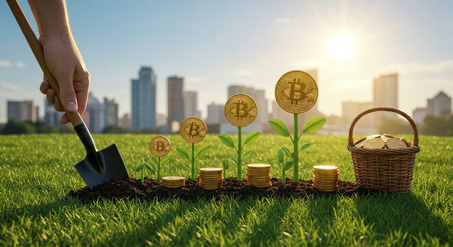 Gold coins with Bitcoin symbol germinating like plant seedlings, growth, appreciation, investments in cryptocurrencies.