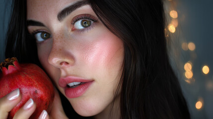 A photo of a girl with radiant skin holding a pomegranate in her hand, showcasing salon skincare treatments with pomegranate-based cosmetics for a healthy, glowing complexion.