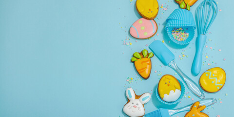Traditional Happy Easter cookies, festive edible decor. Homemade baking concept, cute sweets
