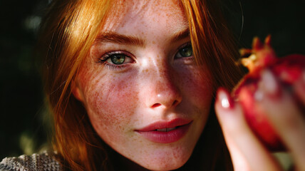 Fototapeta premium A photo of a girl with radiant skin holding a pomegranate in her hand, showcasing salon skincare treatments with pomegranate-based cosmetics for a healthy, glowing complexion.