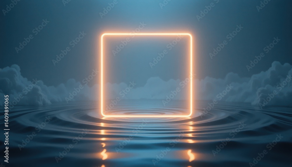 Aufkleber illuminated square floating above serene water surface at twilight digital art calm atmosphere creat