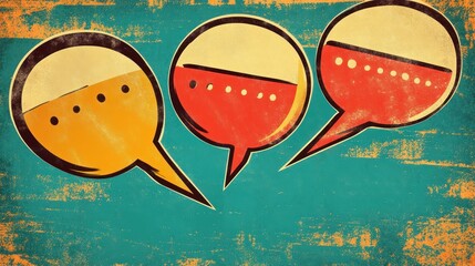 Retro-styled speech bubbles in vibrant colors on a textured teal background.