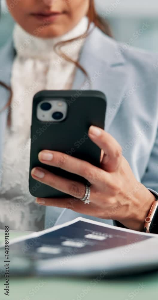 Poster hands, smartphone and woman in office with communication, business contact or networking for project