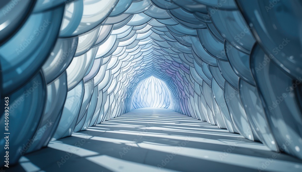 Poster exploring a serene ice tunnel journey frozen landscape 3d render tranquil environment wide angle per