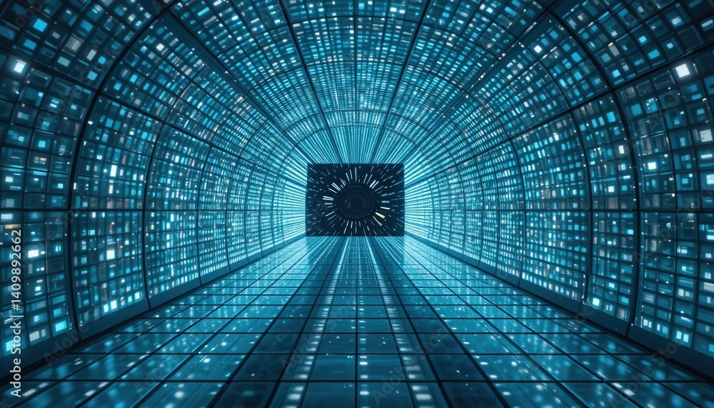 Poster exploring digital depths futuristic data tunnel virtual space 3d visualization high-tech environment