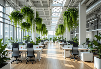 Modern Open Office Space with Greenery and Biophilic Design