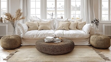 Relaxing Living Room Interior Design with Comfortable Sofa and Woven Furniture