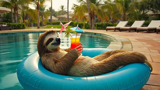 Sloth relaxing by pool with cocktail