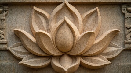 Intricate Stone Carving of a Lotus Flower on a Wall Panel