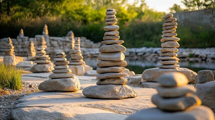 Obraz premium A series of stacked stone cairns by a riverbank .