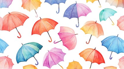 Colorful Watercolor Umbrellas on White Background, Perfect for Decor