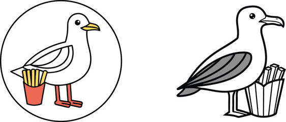 Two Cartoon Seagulls With French Fries Illustration Isolated On White Background