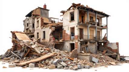  destroyed buildings after earthquake isolated on white background PNG , AI GENERATED