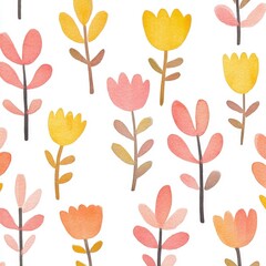 Colorful Floral Pattern with Watercolor Style on White Background