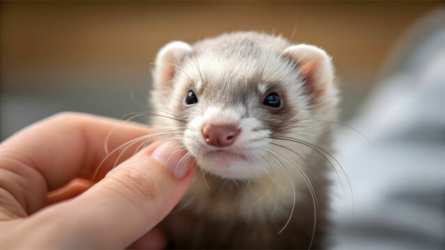 Exotic Pet Adoption concept A close-up of a ferret being gently petted by a person’s hand.