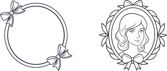 Fototapeta premium Elegant Decorative Outlines Of A Bow Circle Frame And A Portrait Cameo