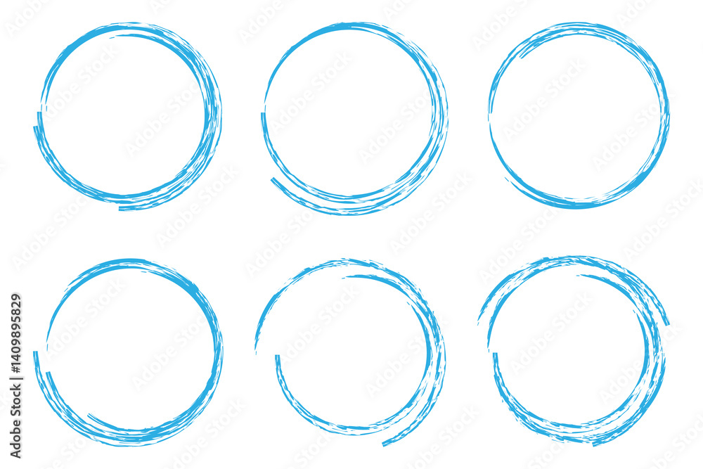 Poster hand drawn blue line circle sketch set. doodle circles collection. scribble round shape. banner circ