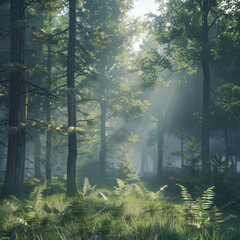 Obraz premium Lush green forest with rays of sunlight. 