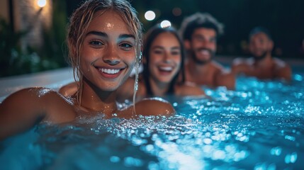 Friends splashing water at pool party, spa, beach, children, happiness, kid, father, wet, daughter, smile