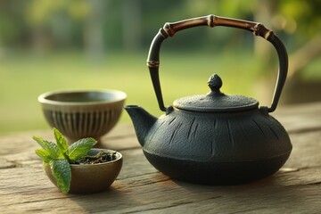 Old Black iron asian teapot with bamboo handle and sprigs of mint for tea