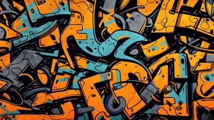 Obraz premium A high definition photo of a dark orange background covered in black, gray, blue and yellow graffiti art, anime, 