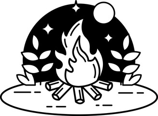 black and white icon of a campfire in a forest at night