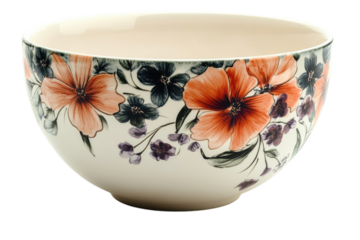 Elegant floral bowl creamy white ceramic with orange and purple flowers on transparent background