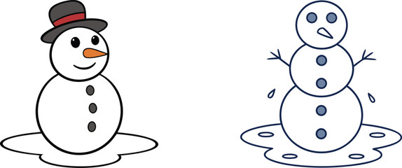 Two Cartoon Snowmen One Smiling One Melting Winter Season Illustration