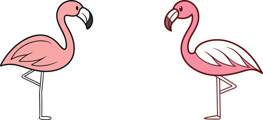 Two Flamingo Cartoon Illustrations Standing On One Leg In Contrasting Colors